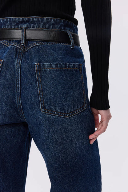 Crisp Removable Belt Straight Jeans in Washed Cotton Denim