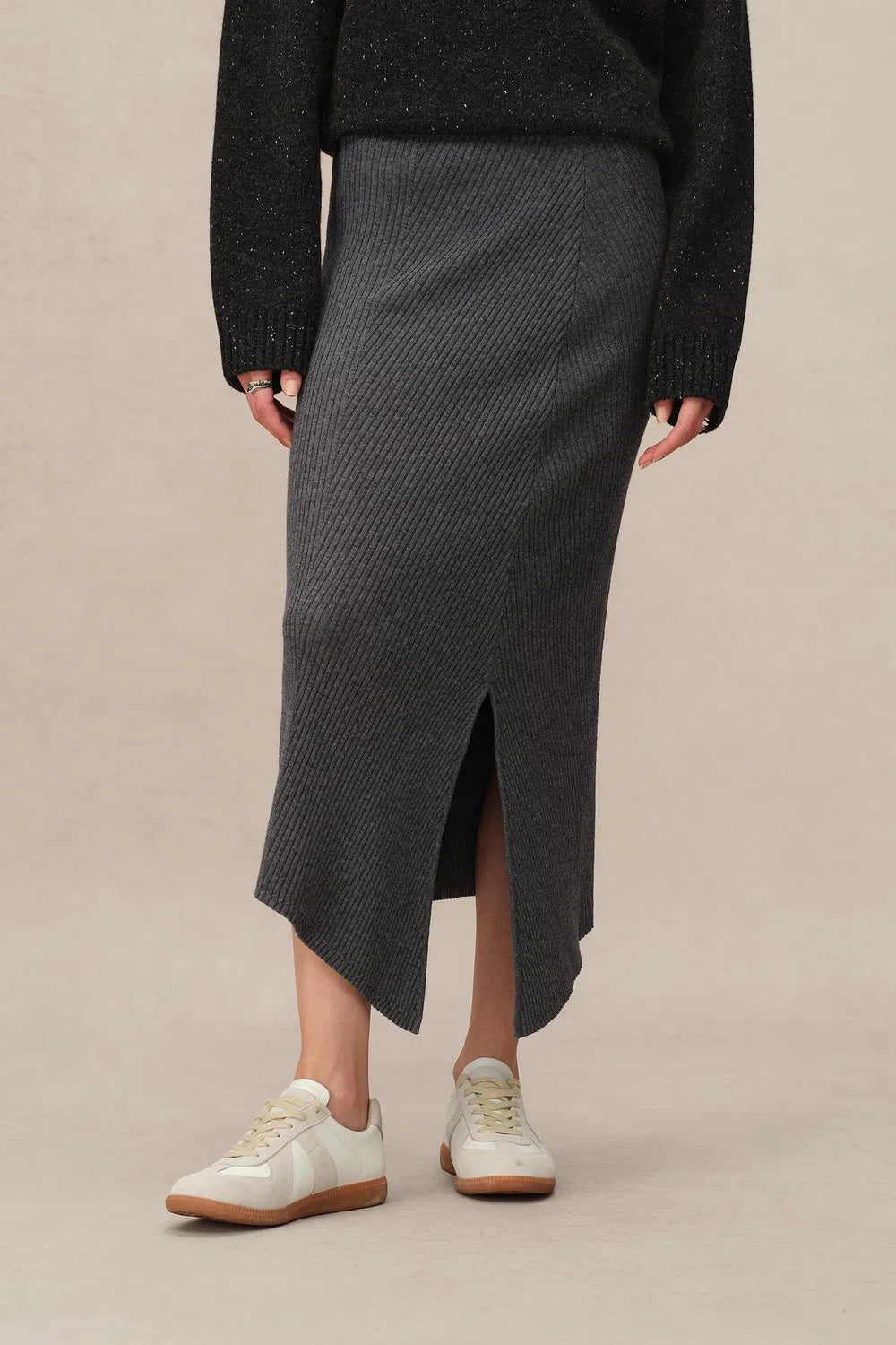 Aria Side-Slit Skirt in Merino Wool Rib Knit