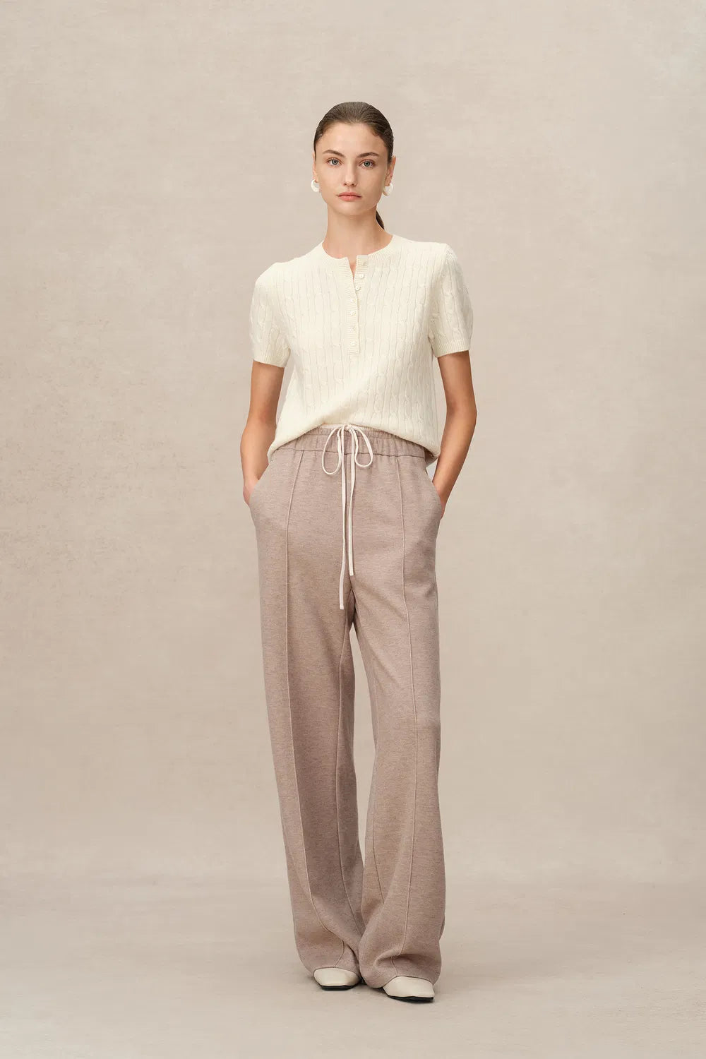 Icy Double Waistband Casual Trousers in Wool Blend Terry Knit