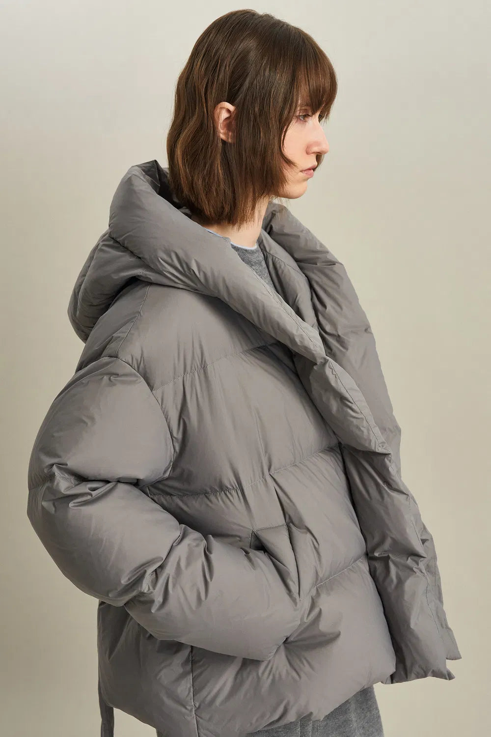 Iliana Gray Belted Hooded White Duck Down Jacket in Ultra Light Fabric