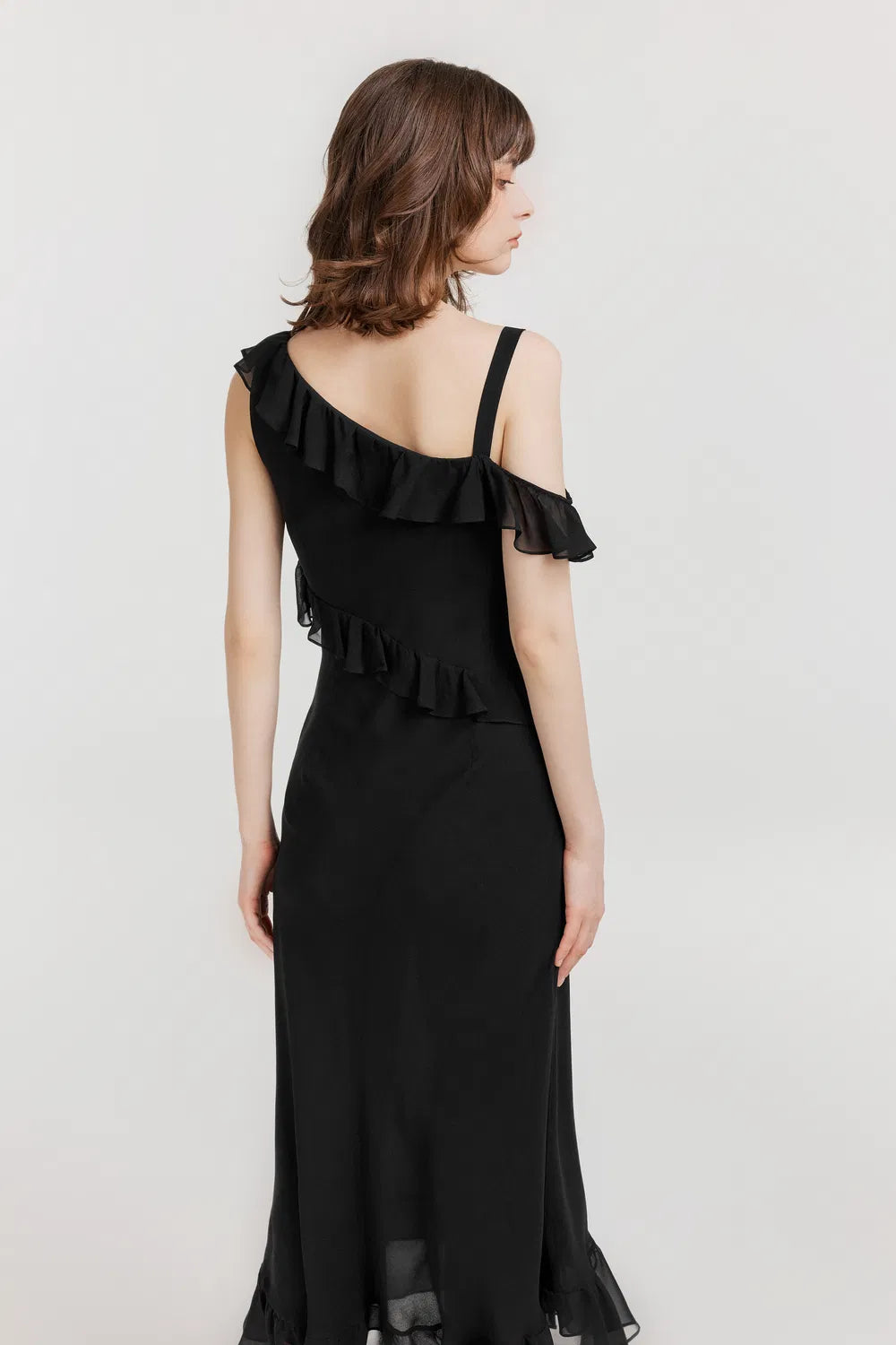 Calla Asymmetrical Ruffle Dress in Georgette Silk