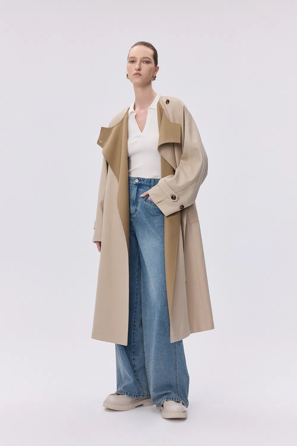 Hilda Single Button Collarless Trench in Wool Fine Twill