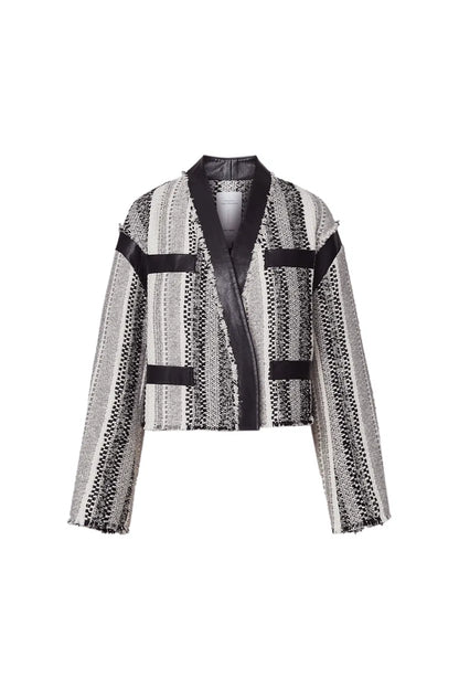 Zhupan Leather-Trimmed Short Coat in Italian Striped Jacquard Tweed