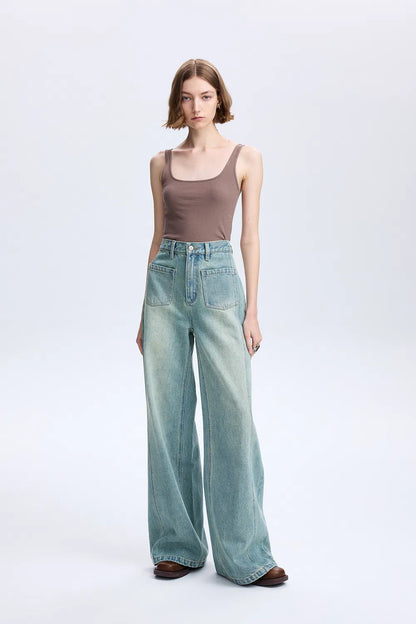 Cheer Patch Pocket Wide Leg Jeans in Washed Cotton Denim