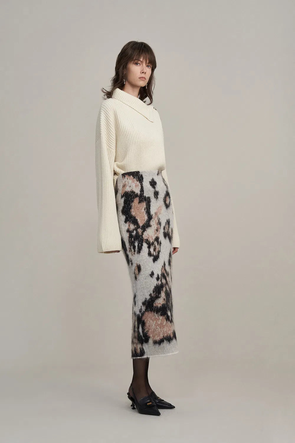 Nora Leopard Print Midi Skirt in Baby Alpaca Blend Knit