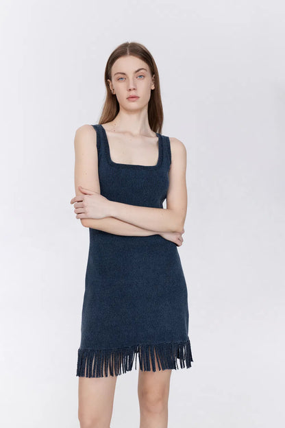 Victoria Fringed Hem Dress in Cotton Blend Knit