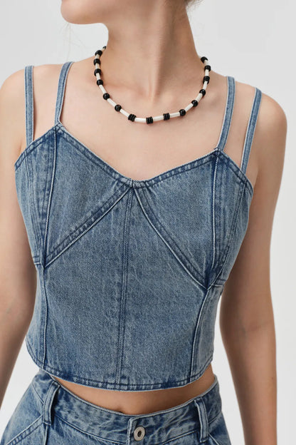 Zoe Duo Strap Patchwork Top in Tencel Lyocell Denim