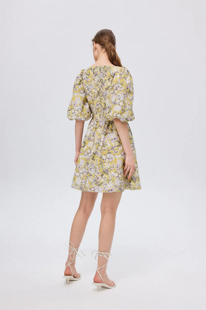 Hyacinth Flora Print Puff Sleeve Dress in Mulberry Silk Blend