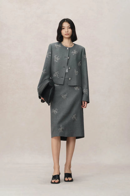 Beading Wrinkle Resistant Embroidered Boxy Tailored Jacket in Fine Worsted Wool