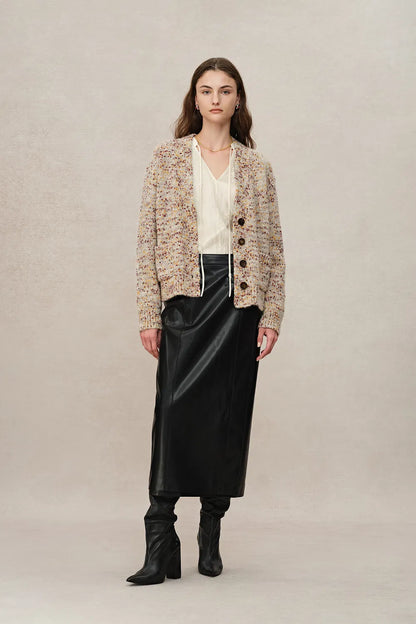 Nika Zodiac Jacquard Knit Cardigan in Wool Mohair Pom Pom Knit