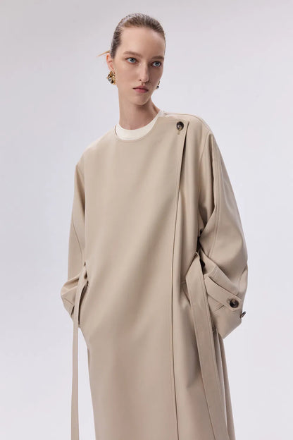 Hilda Single Button Collarless Trench in Wool Fine Twill