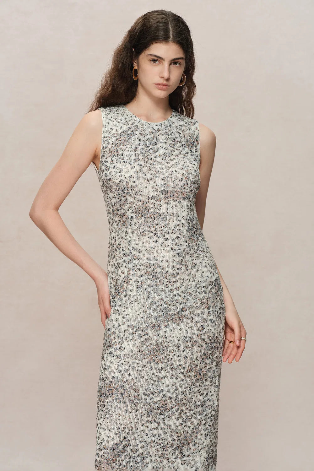 Leopard Handstitched Sequin Midi Dress in Stretch Sequin Mesh