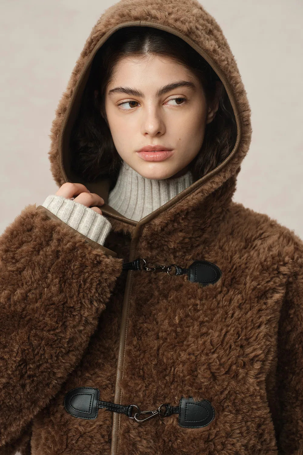 Clémence Shearling Hooded Coat in Vegan Leather and Wool Blend