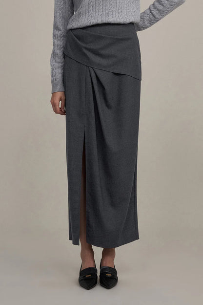 Leona Pleated High Slit Midi Skirt in Fine Worsted Wool