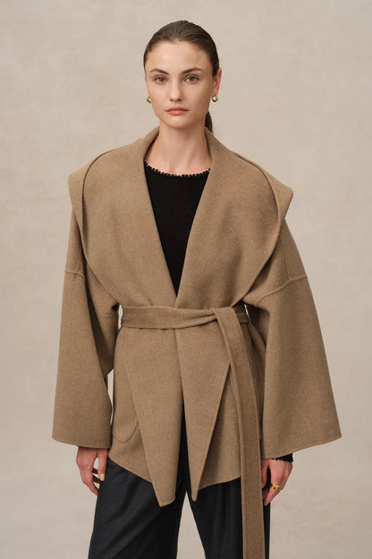 Lanza Handcrafted Hooded Double-Faced Coat in Camel Hair Blend