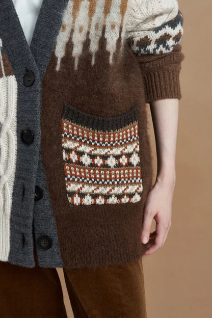 Faye Fair Isle Mixed Yarn Cardigan in Chunky Merino Wool Knit