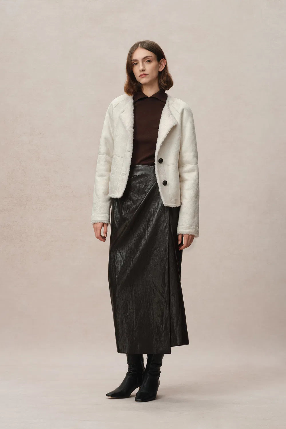 Arran Hand Braided Leather Button Short Coat in Faux Sheepskin