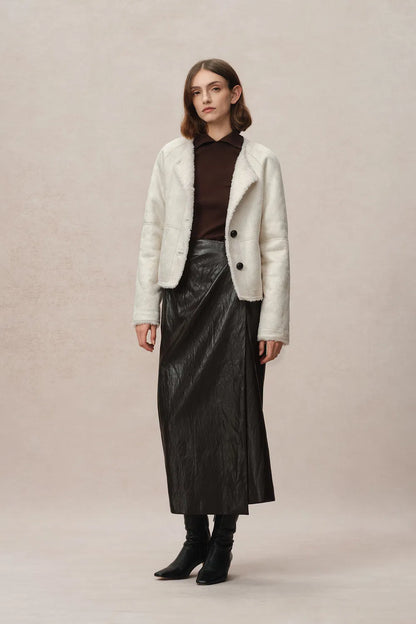 Arran Hand Braided Leather Button Short Coat in Faux Sheepskin