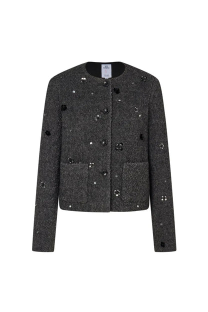 Frenchy Hand-Beaded Sequined Short Jacket in Wool Bouclé Twill