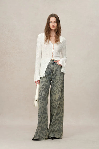 Leopix Leopard Print Wide Leg Jeans In Washed Cotton Denim