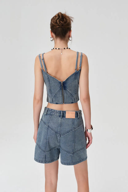 Zoe Duo Strap Patchwork Top in Tencel Lyocell Denim