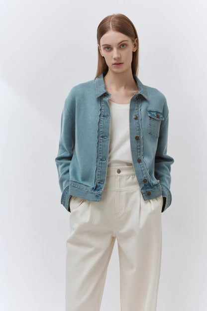 Anemone Blue Knit Jacket in Wool Blend with Denim Accents