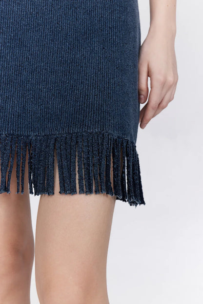 Victoria Fringed Hem Dress in Cotton Blend Knit