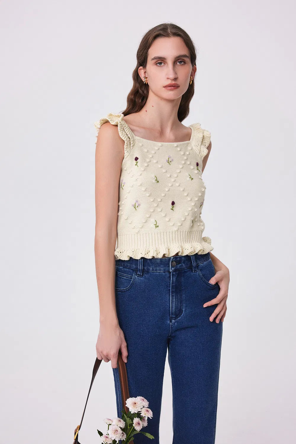 Angie Embroidered Top in Wool Cotton Blend