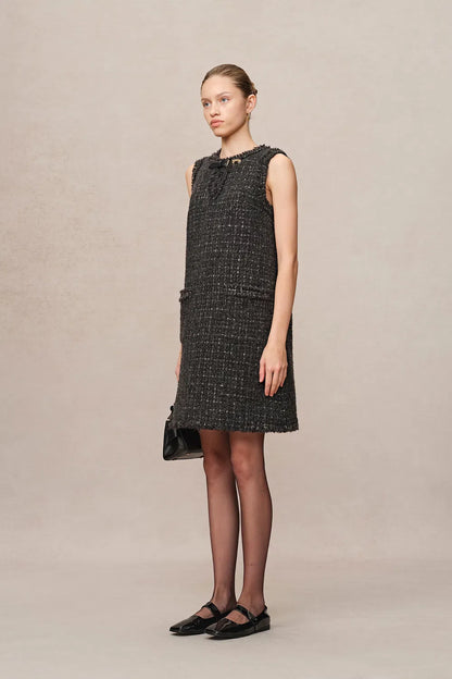 Althea Hand Applied Fringe Floral Dress in Wool Tweed with Metallic Threads