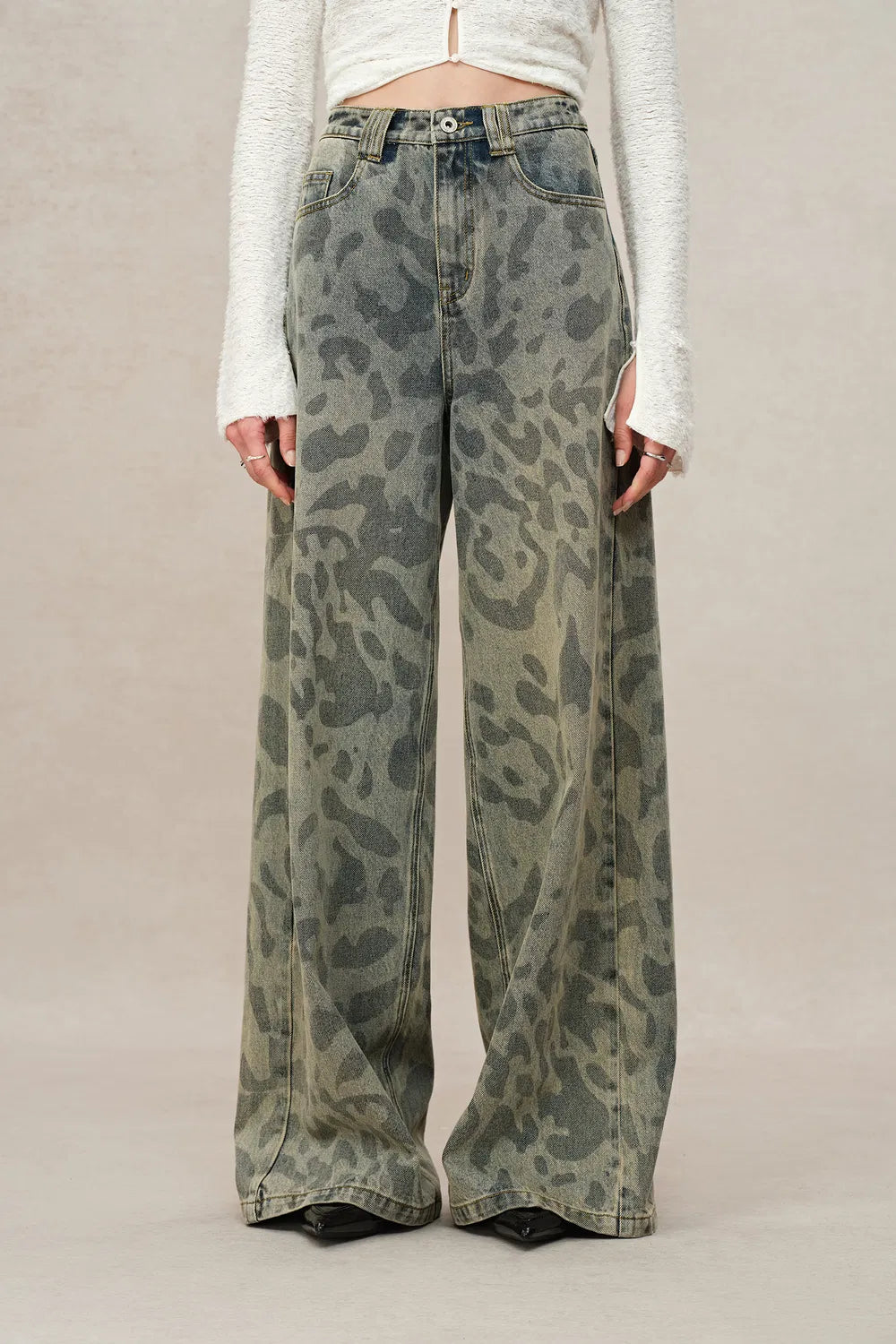 Leopix Leopard Print Wide Leg Jeans In Washed Cotton Denim