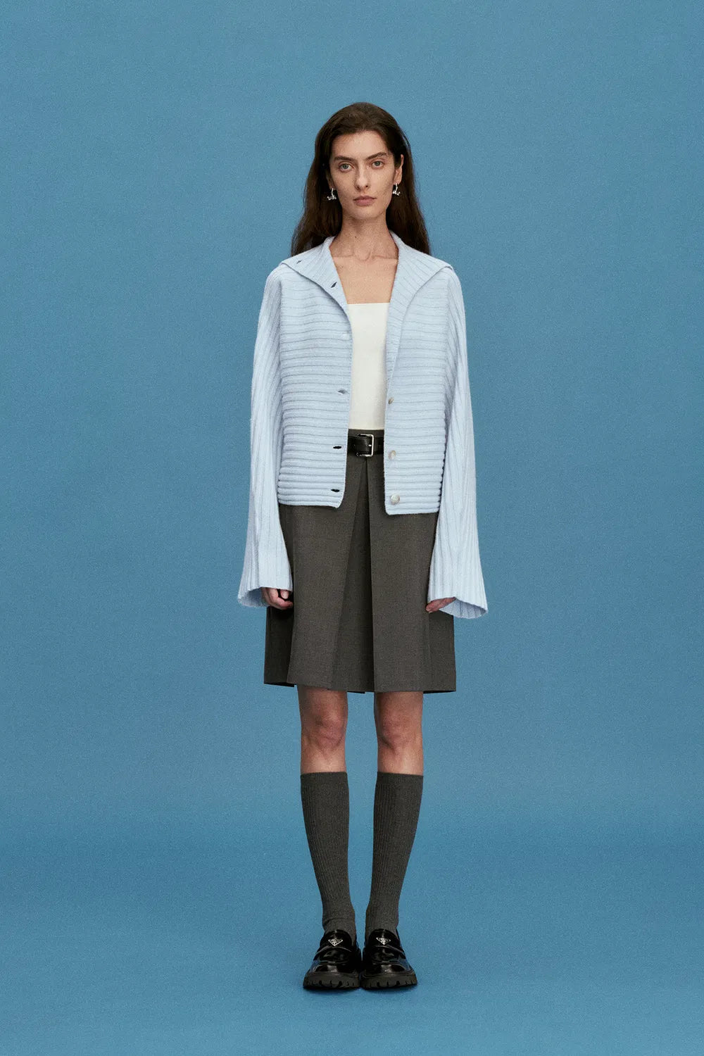 Charlotte Blue Turtleneck Cardigan in Merino Wool-Cashmere Rib Knit