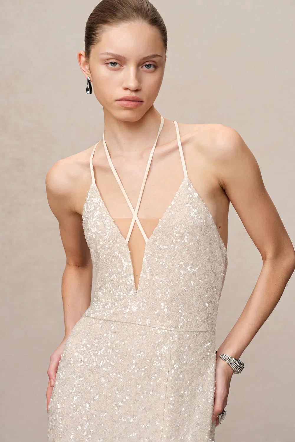 Anita Handcrafted Embellishment Slit Slip Dress in Crystal Sequin Lace