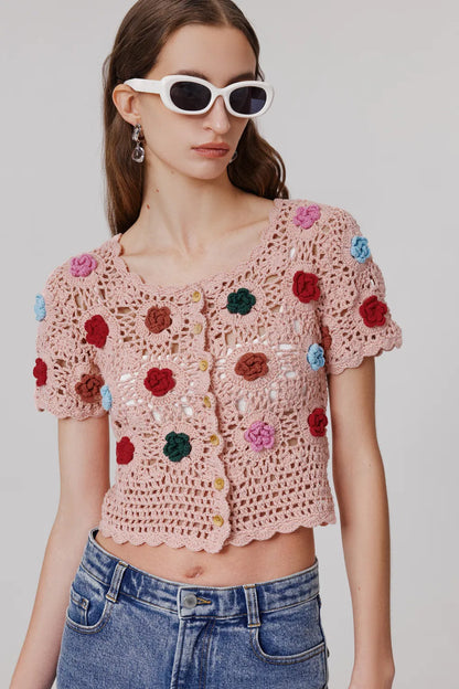 Alice Handcrafted Crochet Flower Knit Top in Cotton