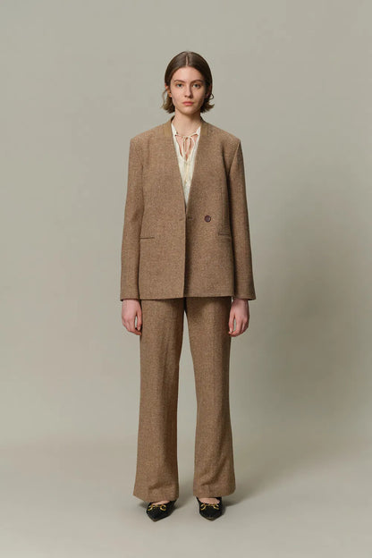 Eleanor Double Breasted Blazer in Flecked Wool Twill