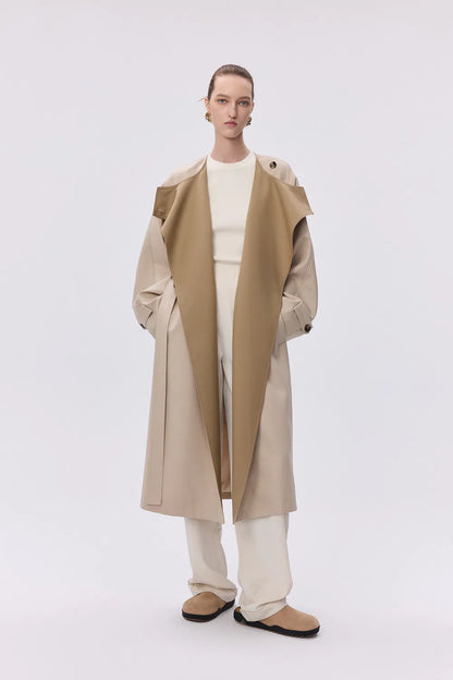 Hilda Single Button Collarless Trench in Wool Fine Twill