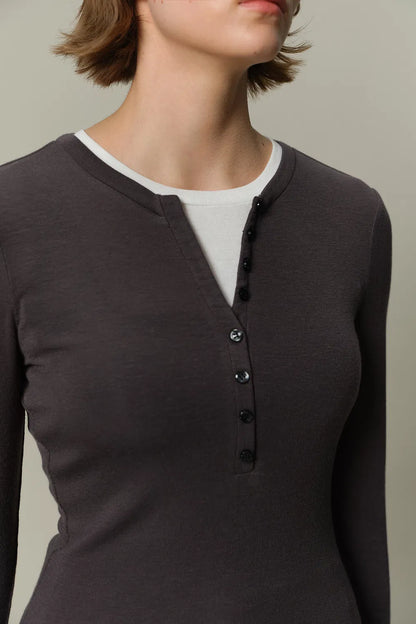 Henley Layered Long Sleeve Top in Tencel-Wool Knit