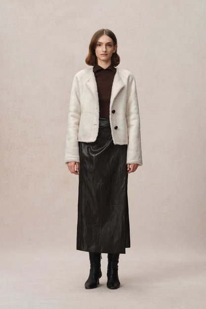 Arran Hand Braided Leather Button Short Coat in Faux Sheepskin