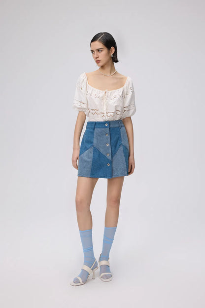 Angie Colorblock Denim Skirt in Tencel Lyocell Blend