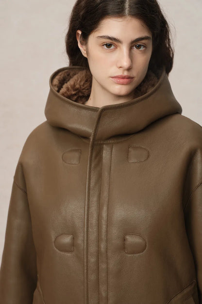 Clémence Shearling Hooded Coat in Vegan Leather and Wool Blend