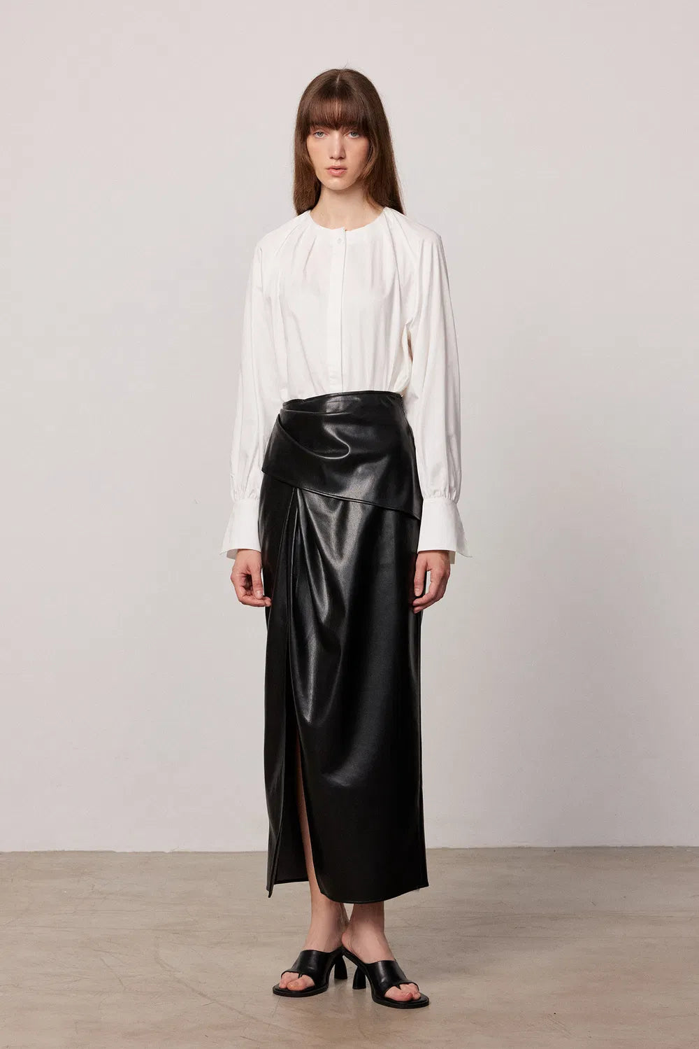 Leona Pleated Slit Skirt in Vegan Leather