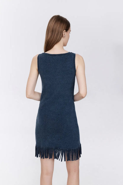 Victoria Fringed Hem Dress in Cotton Blend Knit