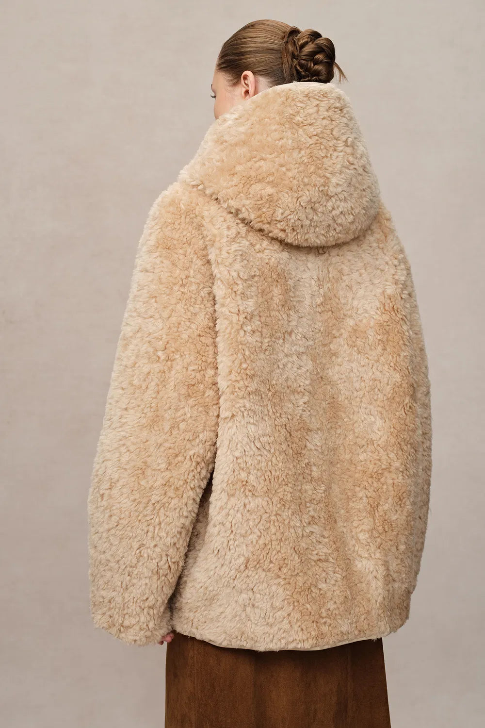 Clémence Semi Oversized Hooded Sherpa Short Coat in Wool Blend