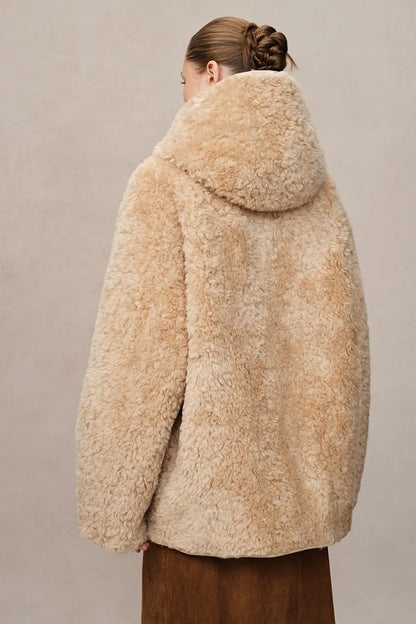 Clémence Semi Oversized Hooded Sherpa Short Coat in Wool Blend