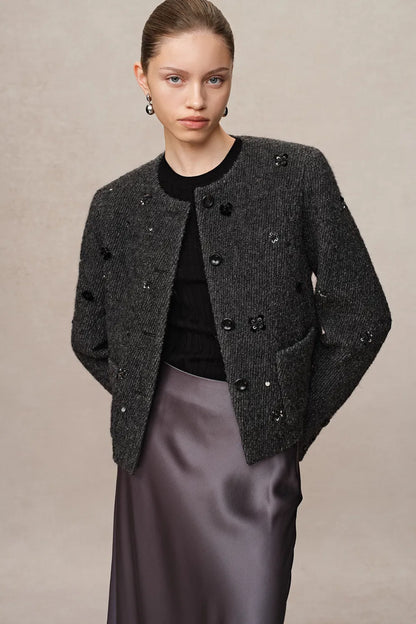 Frenchy Hand-Beaded Sequined Short Jacket in Wool Bouclé Twill