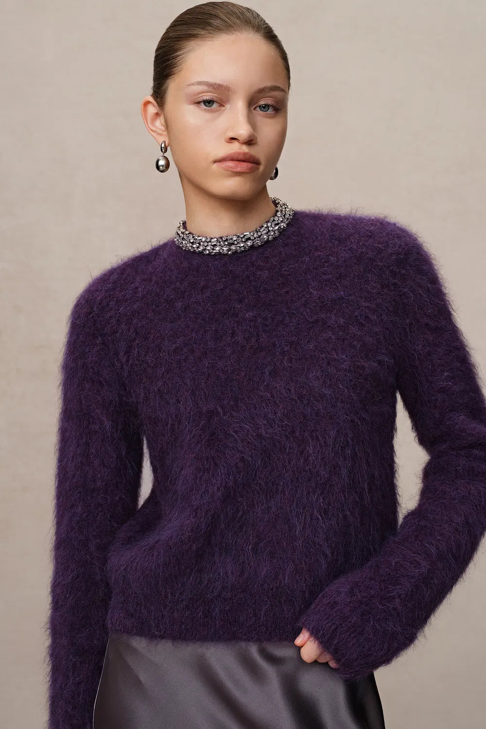 Violet Hand Sewn Crystal Stand Collar Sweater in Alpaca-Mohair Knit