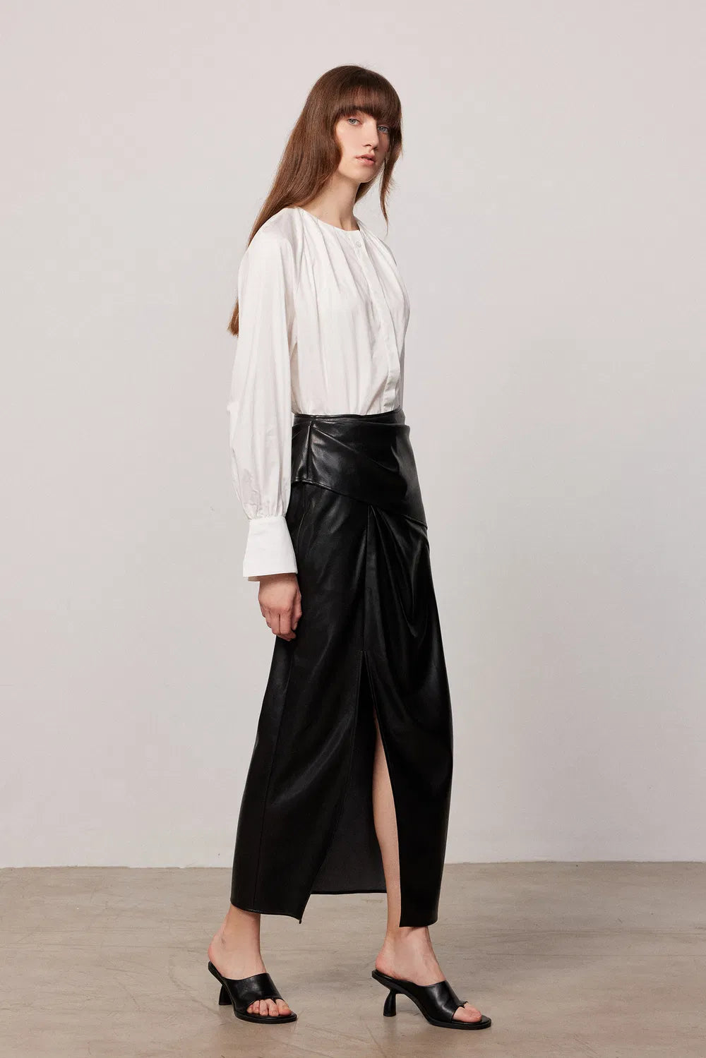 Leona Pleated Slit Skirt in Vegan Leather