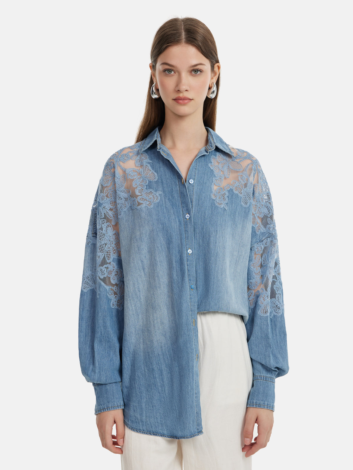 Çiçekli Dantel Panel Denim Gömlek