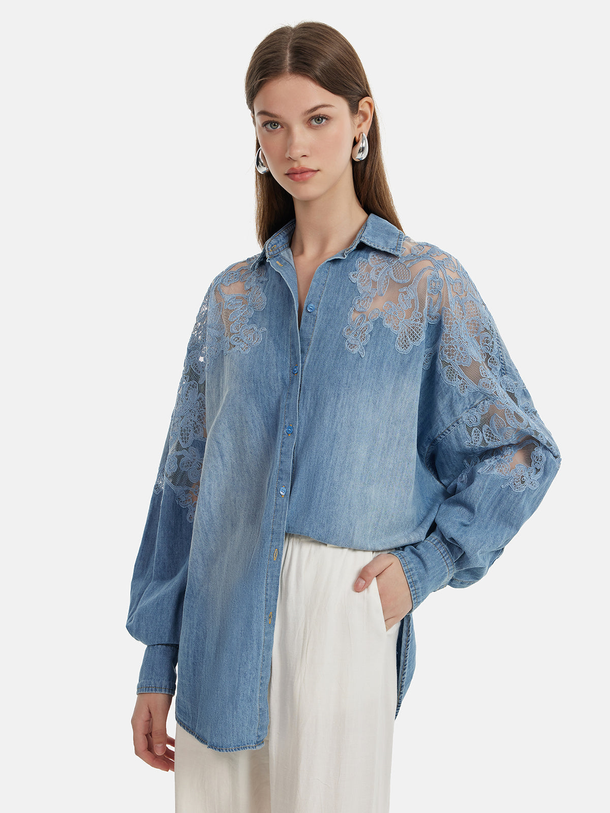 Çiçekli Dantel Panel Denim Gömlek
