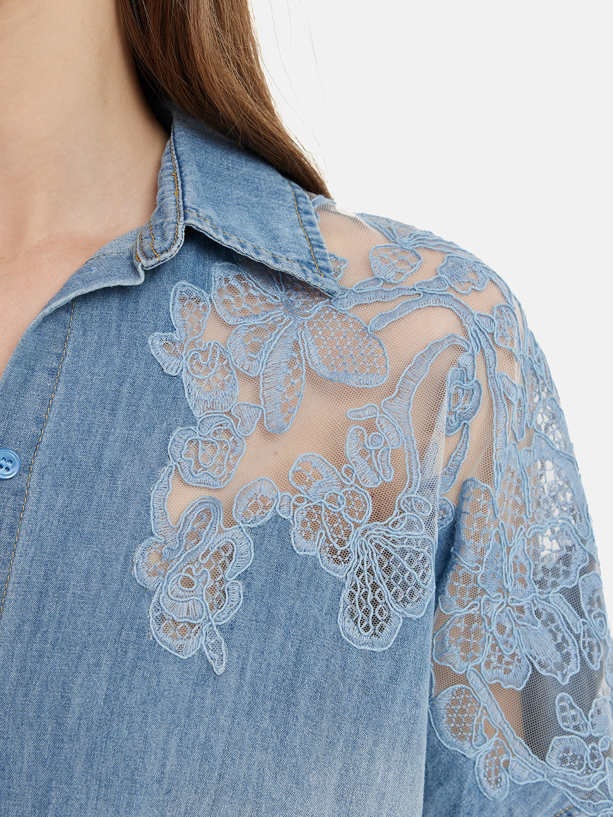Çiçekli Dantel Panel Denim Gömlek