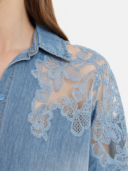 Çiçekli Dantel Panel Denim Gömlek